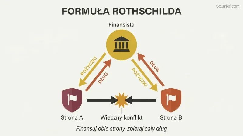 Triangular loop showing a financier at the top sending loans down to two opposing sides who fight each other while debt flows back up to the financier.