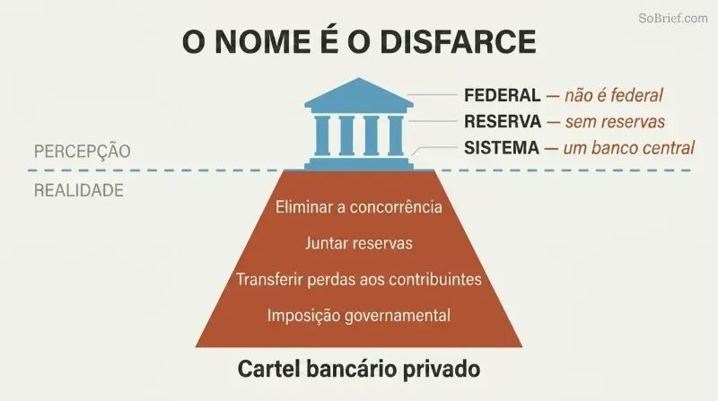 Iceberg diagram showing a small government-building facade above the waterline and a much larger private banking cartel structure hidden below it.