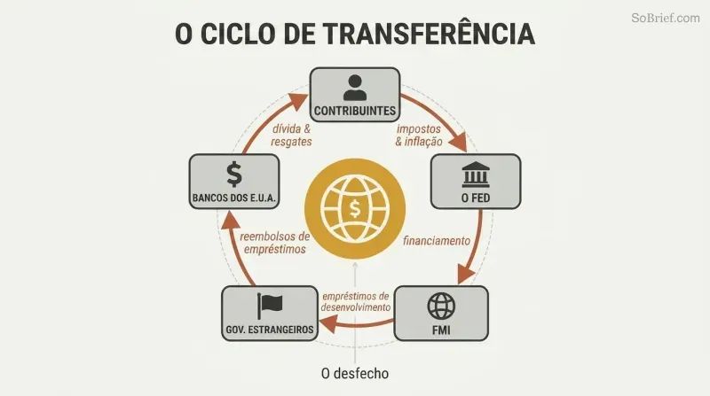 Circular flow diagram showing money cycling from taxpayers through the Fed, IMF, foreign governments, and back to banks, with a world central bank icon at the center.