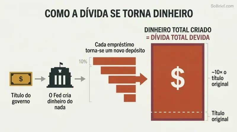 Cascading expansion diagram showing a single government bond multiplying through fractional reserve lending into ten times its value in money, all of which is debt.