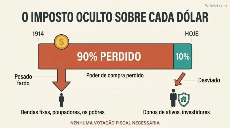 Proportion bar showing ninety percent of dollar purchasing power lost since 1914, with two figures below illustrating heavier burden on the poor versus the shielded wealthy.