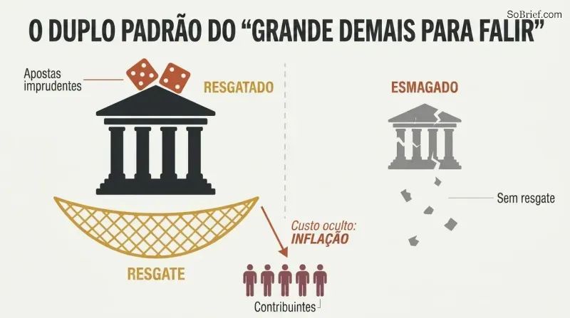 Split panel showing a large bank caught by a safety net labeled bailout while a small bank crumbles with no net, with taxpayer silhouettes below absorbing the cost through inflation.