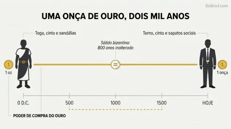 Timeline from ancient Rome to today with a flat gold line showing stable purchasing power, a toga at left and a suit at right both labeled one ounce of gold.