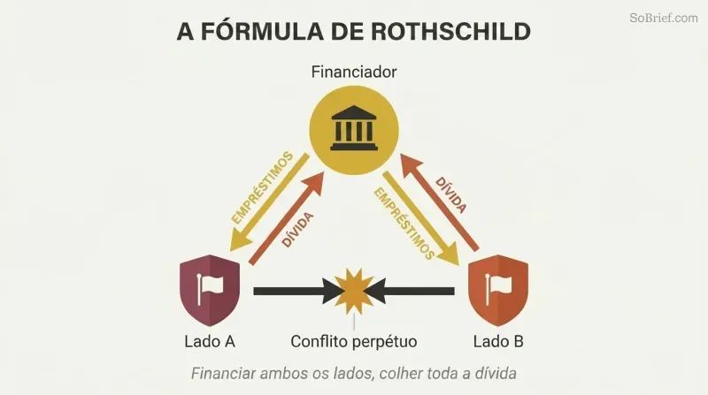 Triangular loop showing a financier at the top sending loans down to two opposing sides who fight each other while debt flows back up to the financier.