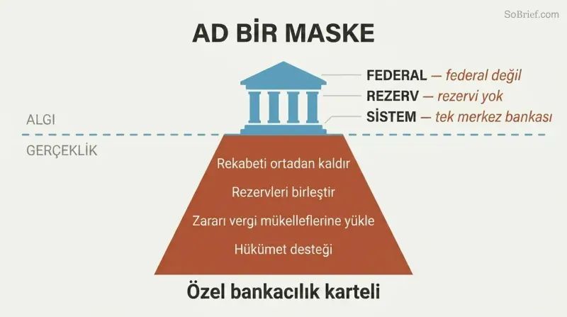 Iceberg diagram showing a small government-building facade above the waterline and a much larger private banking cartel structure hidden below it.