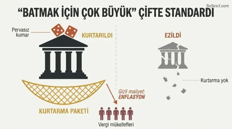 Split panel showing a large bank caught by a safety net labeled bailout while a small bank crumbles with no net, with taxpayer silhouettes below absorbing the cost through inflation.