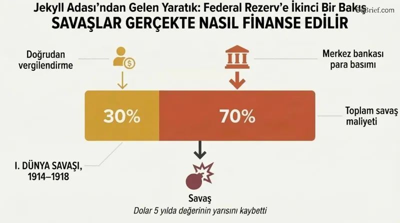 Stacked proportion bar showing 70% of WWI costs funded by central-bank money creation versus only 30% by direct taxation.