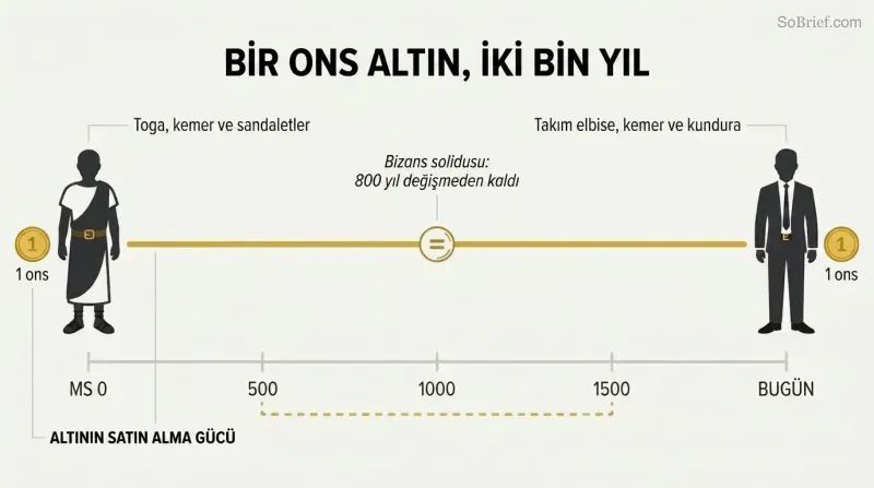 Timeline from ancient Rome to today with a flat gold line showing stable purchasing power, a toga at left and a suit at right both labeled one ounce of gold.