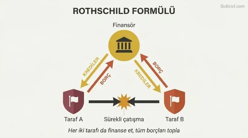 Triangular loop showing a financier at the top sending loans down to two opposing sides who fight each other while debt flows back up to the financier.