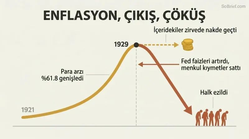 Rising curve representing the 1920s bubble peaks and forks into two paths — insiders exiting safely at the top while the public rides the steep crash downward.