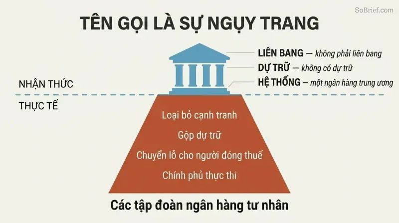 Iceberg diagram showing a small government-building facade above the waterline and a much larger private banking cartel structure hidden below it.