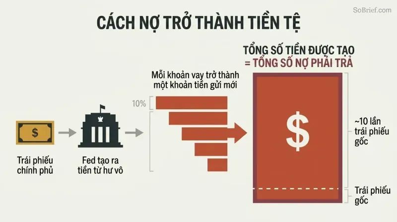 Cascading expansion diagram showing a single government bond multiplying through fractional reserve lending into ten times its value in money, all of which is debt.