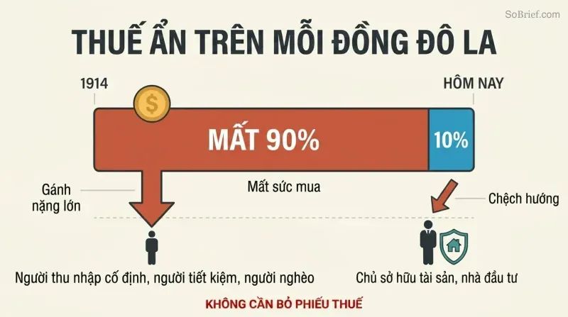 Proportion bar showing ninety percent of dollar purchasing power lost since 1914, with two figures below illustrating heavier burden on the poor versus the shielded wealthy.