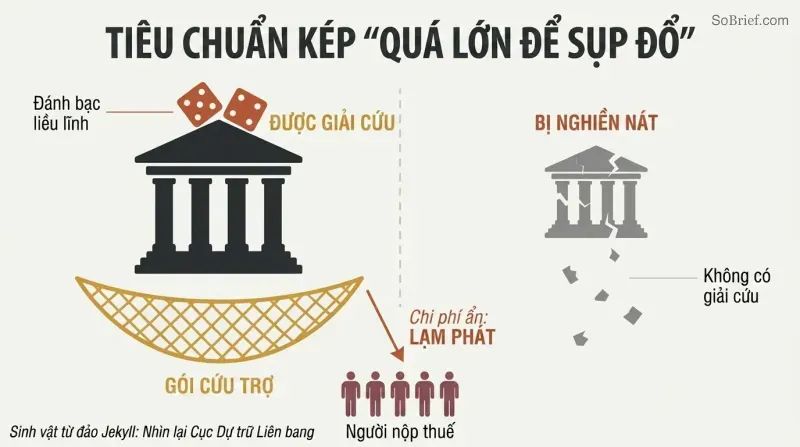 Split panel showing a large bank caught by a safety net labeled bailout while a small bank crumbles with no net, with taxpayer silhouettes below absorbing the cost through inflation.