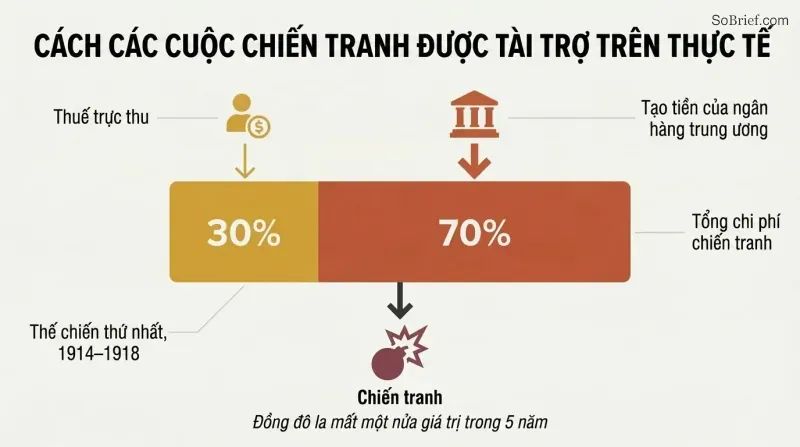 Stacked proportion bar showing 70% of WWI costs funded by central-bank money creation versus only 30% by direct taxation.
