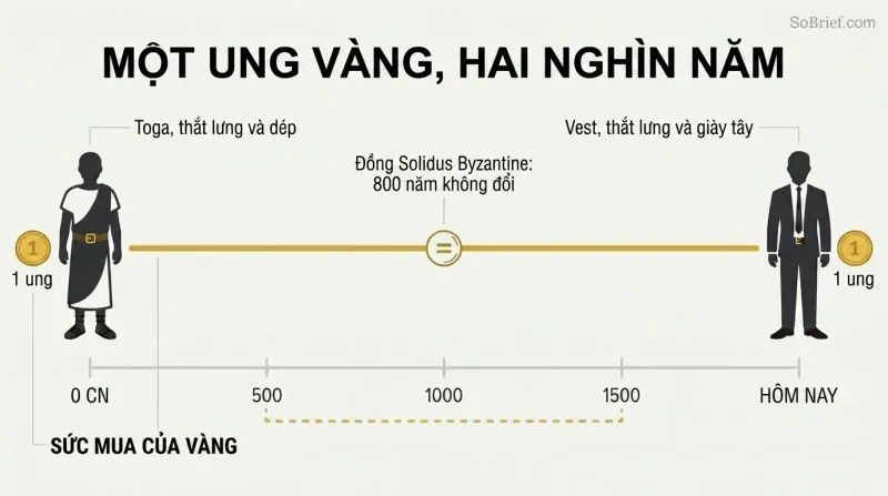 Timeline from ancient Rome to today with a flat gold line showing stable purchasing power, a toga at left and a suit at right both labeled one ounce of gold.