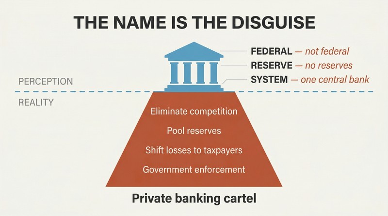 Iceberg diagram showing a small government-building facade above the waterline and a much larger private banking cartel structure hidden below it.
