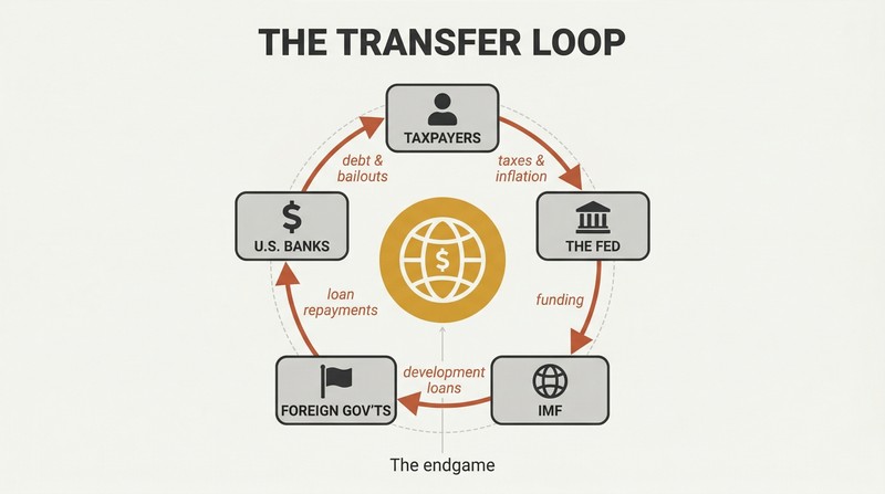 Circular flow diagram showing money cycling from taxpayers through the Fed, IMF, foreign governments, and back to banks, with a world central bank icon at the center.
