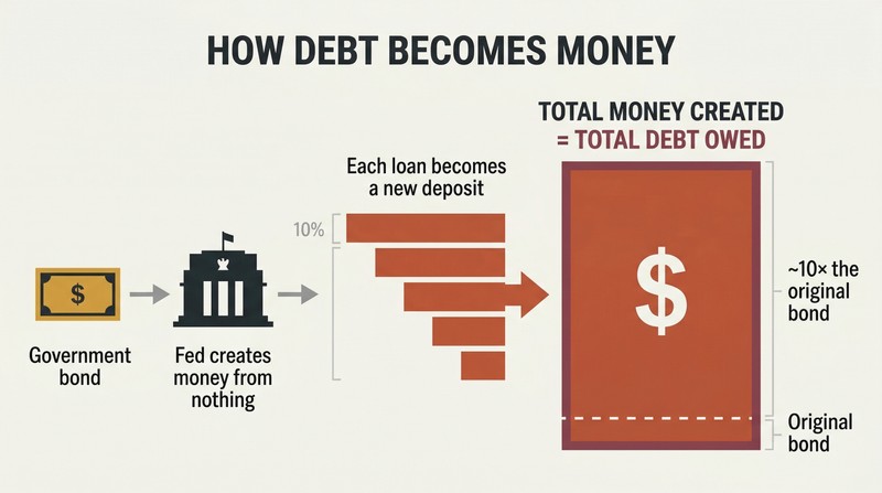Cascading expansion diagram showing a single government bond multiplying through fractional reserve lending into ten times its value in money, all of which is debt.