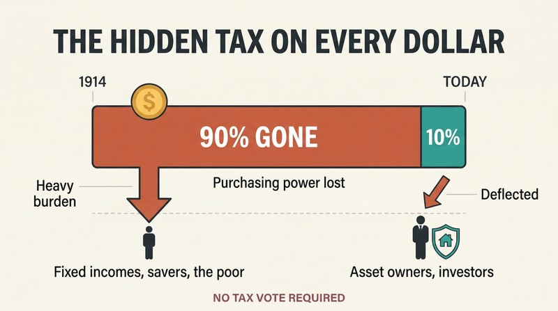 Proportion bar showing ninety percent of dollar purchasing power lost since 1914, with two figures below illustrating heavier burden on the poor versus the shielded wealthy.