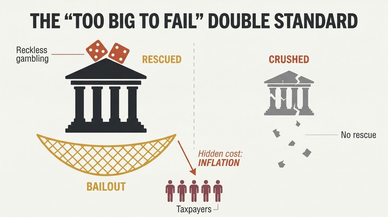 Split panel showing a large bank caught by a safety net labeled bailout while a small bank crumbles with no net, with taxpayer silhouettes below absorbing the cost through inflation.