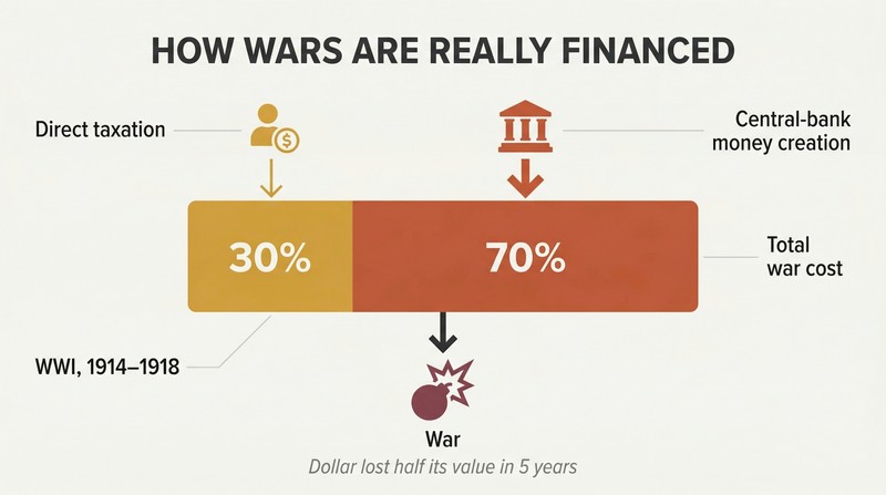 Stacked proportion bar showing 70% of WWI costs funded by central-bank money creation versus only 30% by direct taxation.