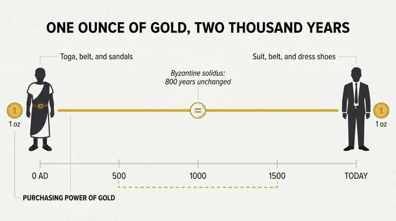 Timeline from ancient Rome to today with a flat gold line showing stable purchasing power, a toga at left and a suit at right both labeled one ounce of gold.