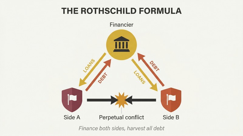Triangular loop showing a financier at the top sending loans down to two opposing sides who fight each other while debt flows back up to the financier.
