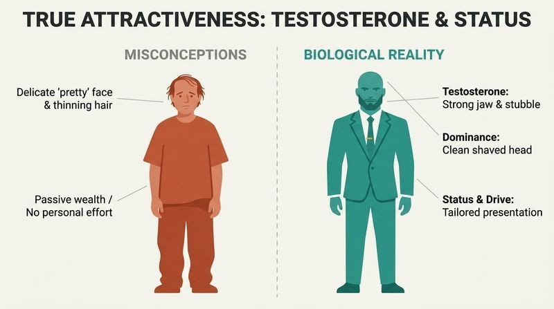 Split panel diagram comparing low-attraction misconceptions with high-attraction testosterone and status signals.