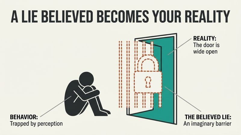 A minimalist diagram showing a person sitting defeated in front of an open doorway, blocked only by a giant imaginary padlock drawn in dashed lines.