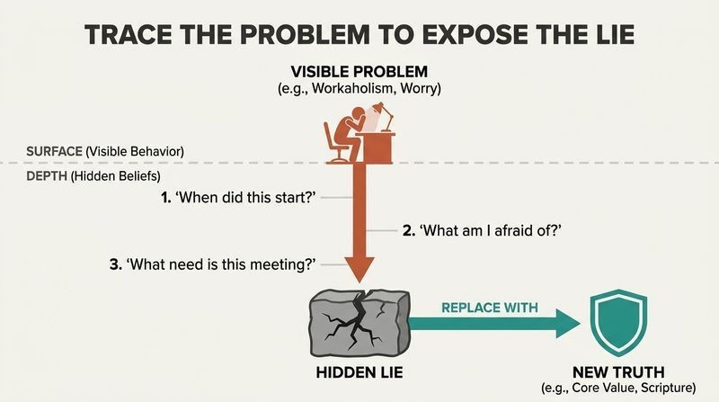 An iceberg-style process diagram showing a visible surface problem traced downward through diagnostic questions to expose a hidden root lie, which is horizontally replaced by a solid teal shield representing the new truth.