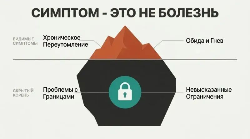 Iceberg diagram illustrating how visible emotional symptoms like overwhelm and resentment stem from a hidden underwater root cause of unspoken boundaries.
