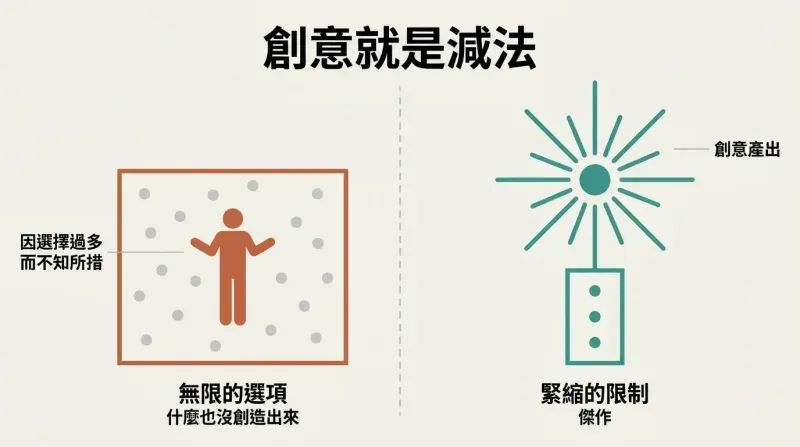 Split panel showing a large unconstrained frame with scattered dots and a frozen figure producing nothing, versus a small constrained frame producing a large creative starburst above it.
