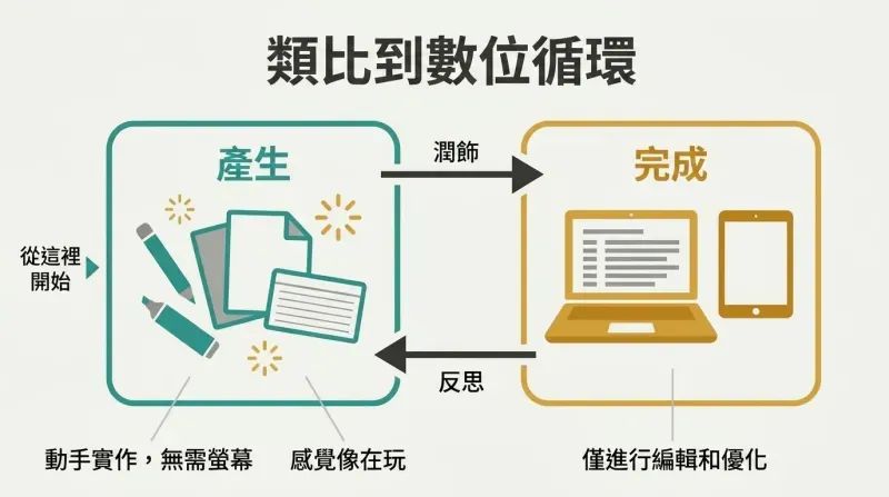 Cyclical flow diagram showing an analog desk with craft supplies feeding ideas into a digital desk with screens, then looping back again.
