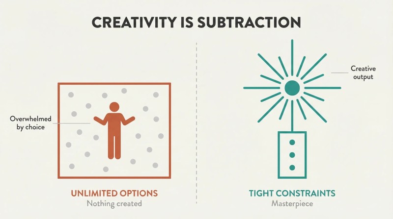 Split panel showing a large unconstrained frame with scattered dots and a frozen figure producing nothing, versus a small constrained frame producing a large creative starburst above it.