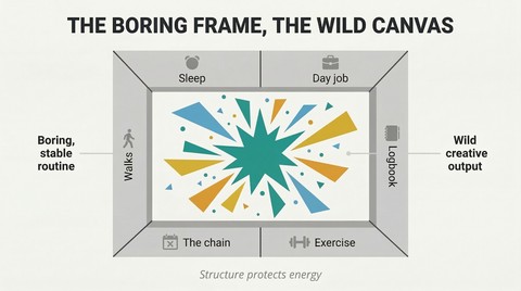 A plain geometric frame made of routine elements contains a burst of wild creative energy at its center, showing how structure enables creativity.