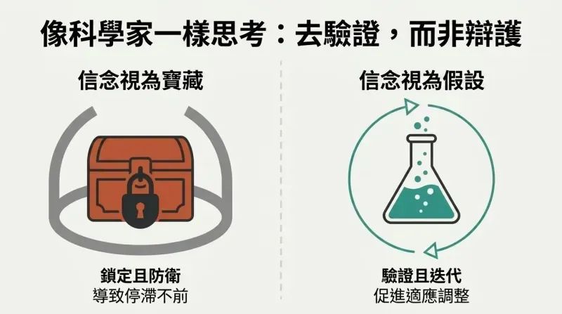 A split-panel diagram comparing a locked chest of "treasures to defend" with an active beaker of "hypotheses to test".