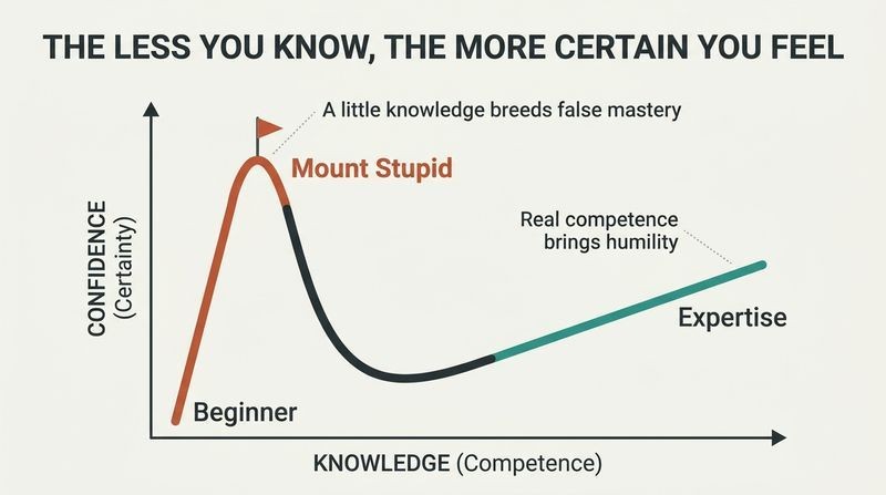 A graph plotting confidence against knowledge, showing confidence peaking wildly at "Mount Stupid" for amateurs before dropping and slowly rising again for true experts.