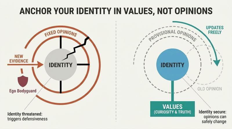 Split panel diagram comparing a rigid identity fused to opinions that cracks under new evidence, versus a flexible identity anchored in deep values that easily updates.