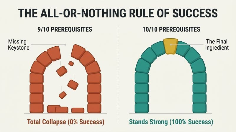 Split panel diagram comparing a collapsed stone arch missing its golden keystone with a standing, stable stone arch.