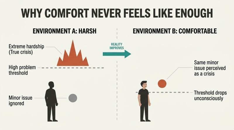 Split-panel diagram showing how our perception threshold drops as comfort improves, turning minor inconveniences into perceived crises.