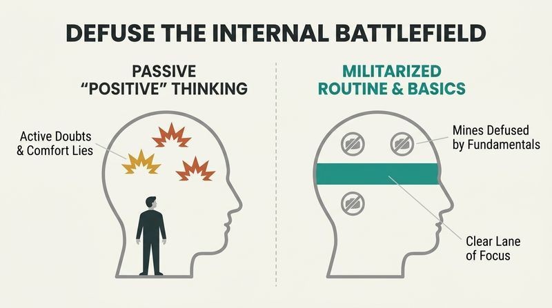 Split panel diagram comparing a mind filled with active comfort lies and doubts against a mind cleared of mental obstacles by militarized routines and fundamentals.