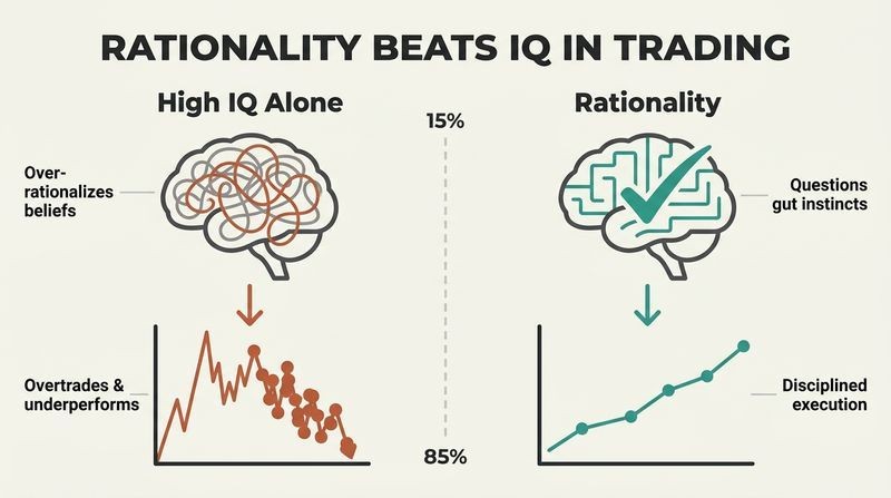 A comparative split panel diagram illustrating how high IQ alone leads to overconfidence and erratic trading losses, while rationality and cognitive reflection produce disciplined, consistent gains.