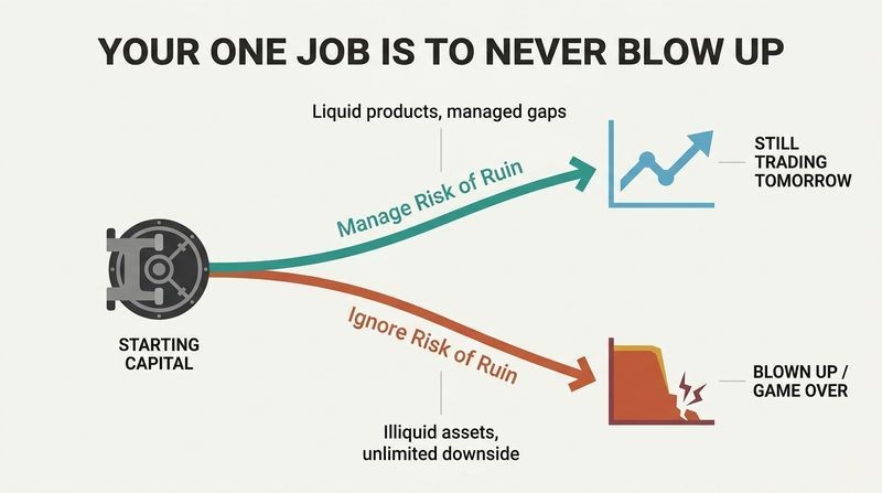 Fork diagram showing how managing the risk of ruin leads to survival, while ignoring it for unlimited-downside trades leads to career ruin.