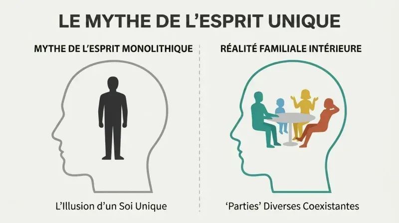 Split panel diagram comparing the false myth of a single, unified mind with the reality of an internal family of diverse, interacting sub-personalities.