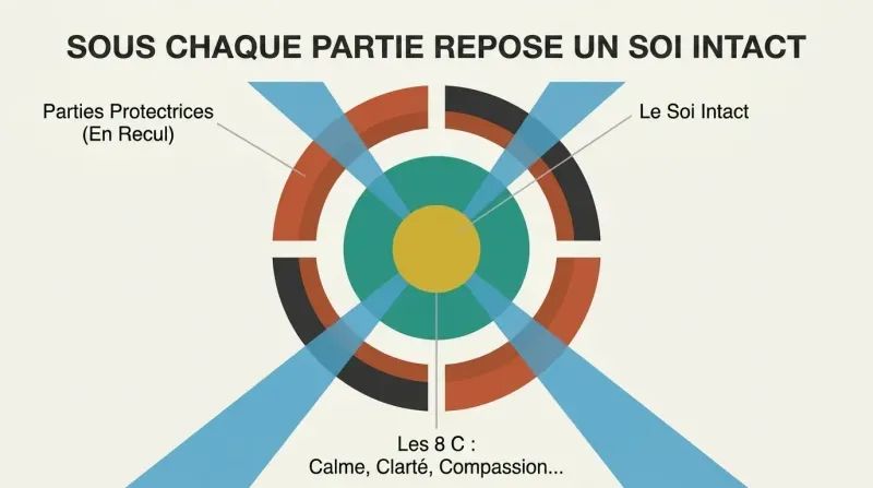 Nested core diagram showing fragmented protective parts stepping back to reveal a radiant, unbroken central Self.