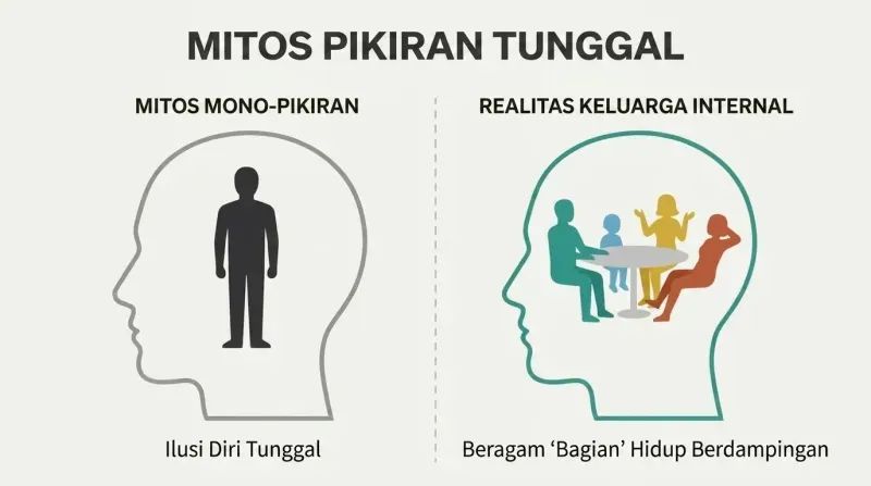 Split panel diagram comparing the false myth of a single, unified mind with the reality of an internal family of diverse, interacting sub-personalities.