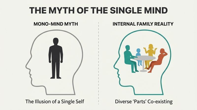 Split panel diagram comparing the false myth of a single, unified mind with the reality of an internal family of diverse, interacting sub-personalities.