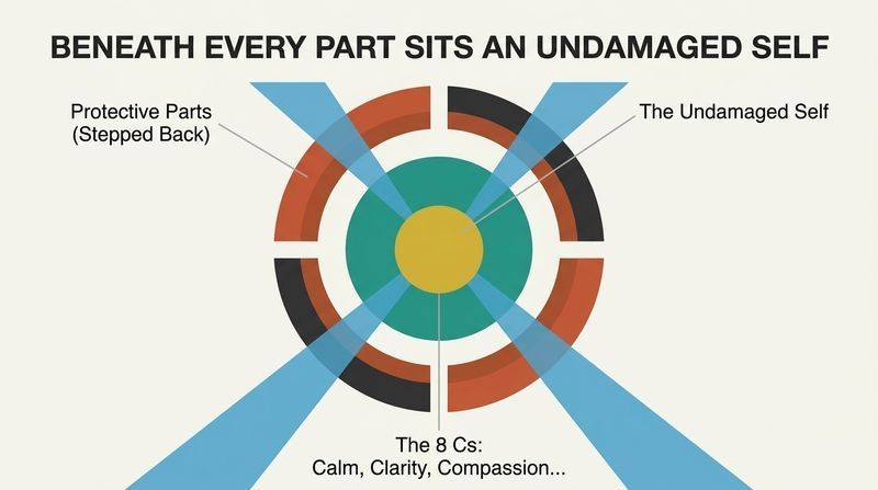 Nested core diagram showing fragmented protective parts stepping back to reveal a radiant, unbroken central Self.