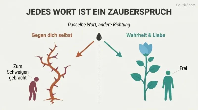 Split panel showing the same seed-word growing into thorns on the left (careless words) and a flourishing plant on the right (impeccable words), illustrating how language shapes lives.